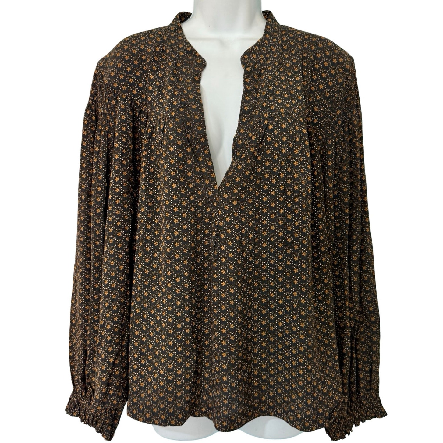Treasure & Bond Brown Black Floral Blouson Sleeve Popover Blouse Size 1x New Tag — image 2 of 8
